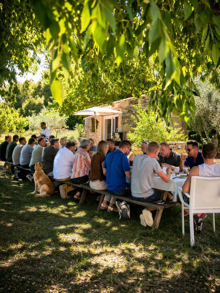 Brunch du lendemain de mariage à l’ombre des arbres